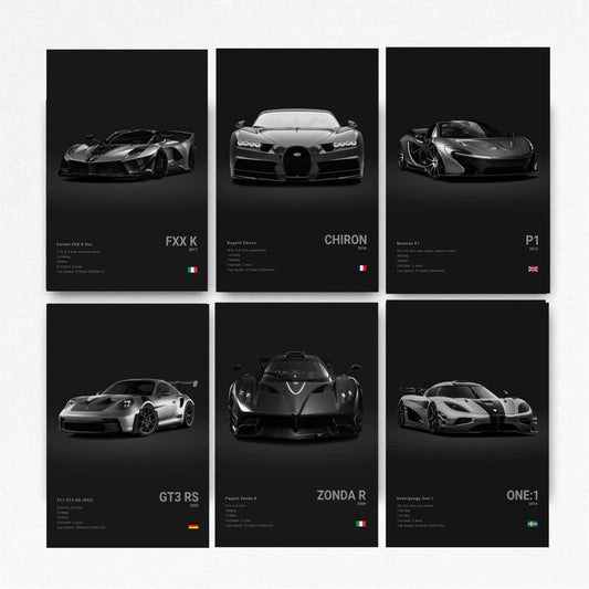 Super Car Poster Racing Car Wall Art For Home Decor Car Prints For Walls FXXK CHIRON P1 911GT3 RS ZONDA R ONE:1 Cardstock Posters Set Of 6(Unframe 8x12inch)