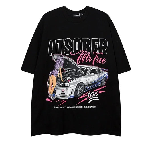 Men's Women Gothic T-Shirt Short Sleeve Race Car Print Casual Round Neck 2024 Oversized T Shirt Men Clothing Graphic T Shirts